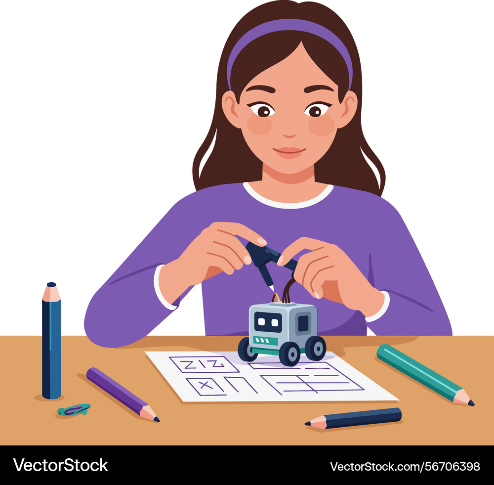 Girl assembling robot model on table with colored Vector Image
