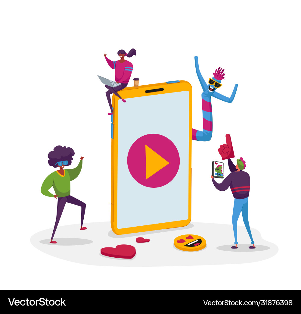 Tiny teenager characters dance and watching funny Tiny teenager characters dance and watching funny vector image