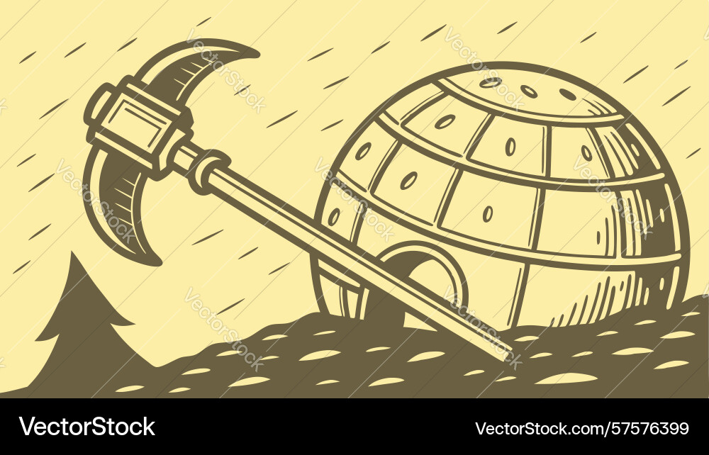 Pickaxe and abstract globe with light rays symbol vector image