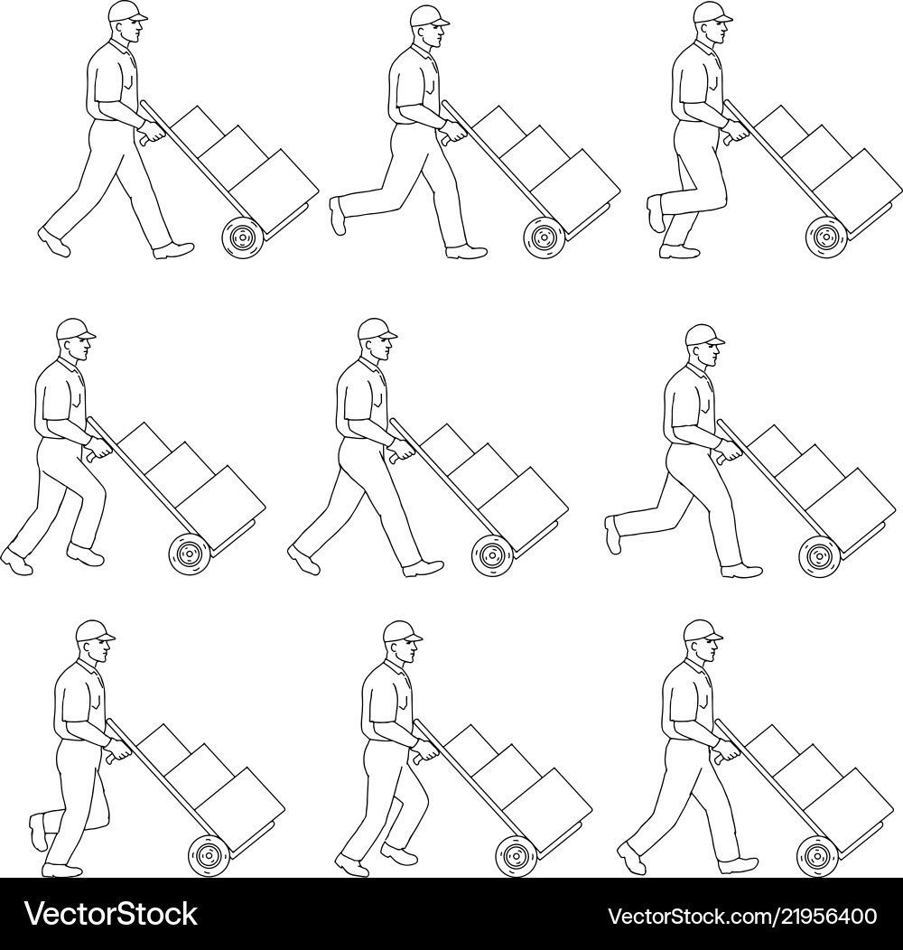 Delivery Worker with Hand Cart - Walk Sequence Vector Image