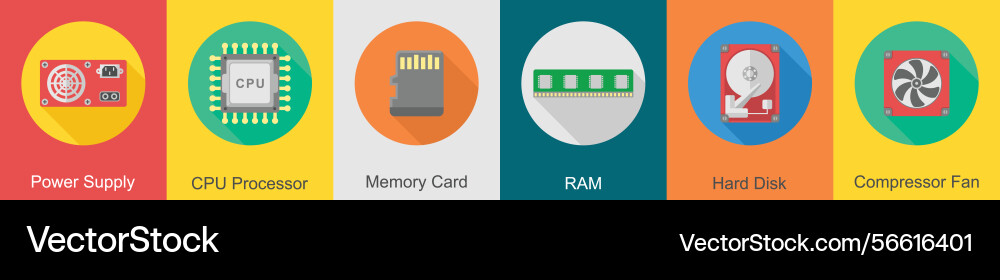 A set of 6 computer and hardware icons as power Vector Image