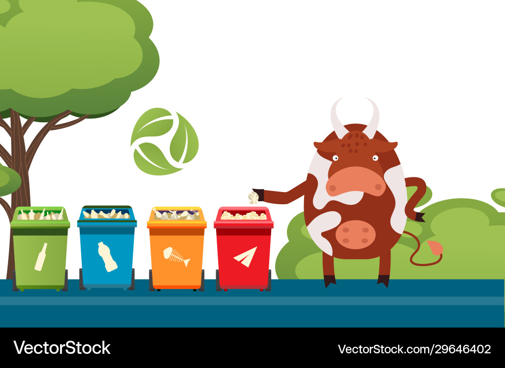 Cow sorting trash garbage recycling campaign Cow sorting trash garbage recycling campaign vector image