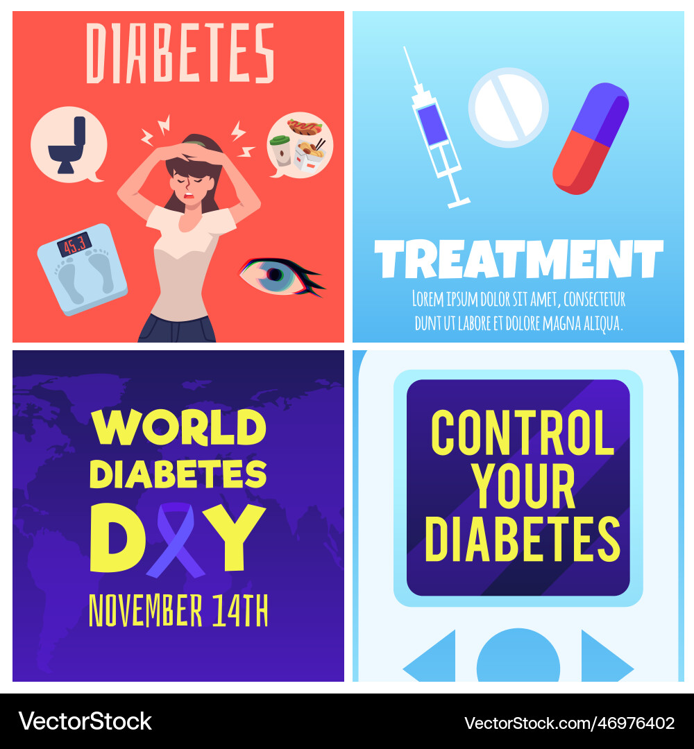 Diabetes awareness posters set flat – Royalty-Free Vector | VectorStock, image size:1000x1080