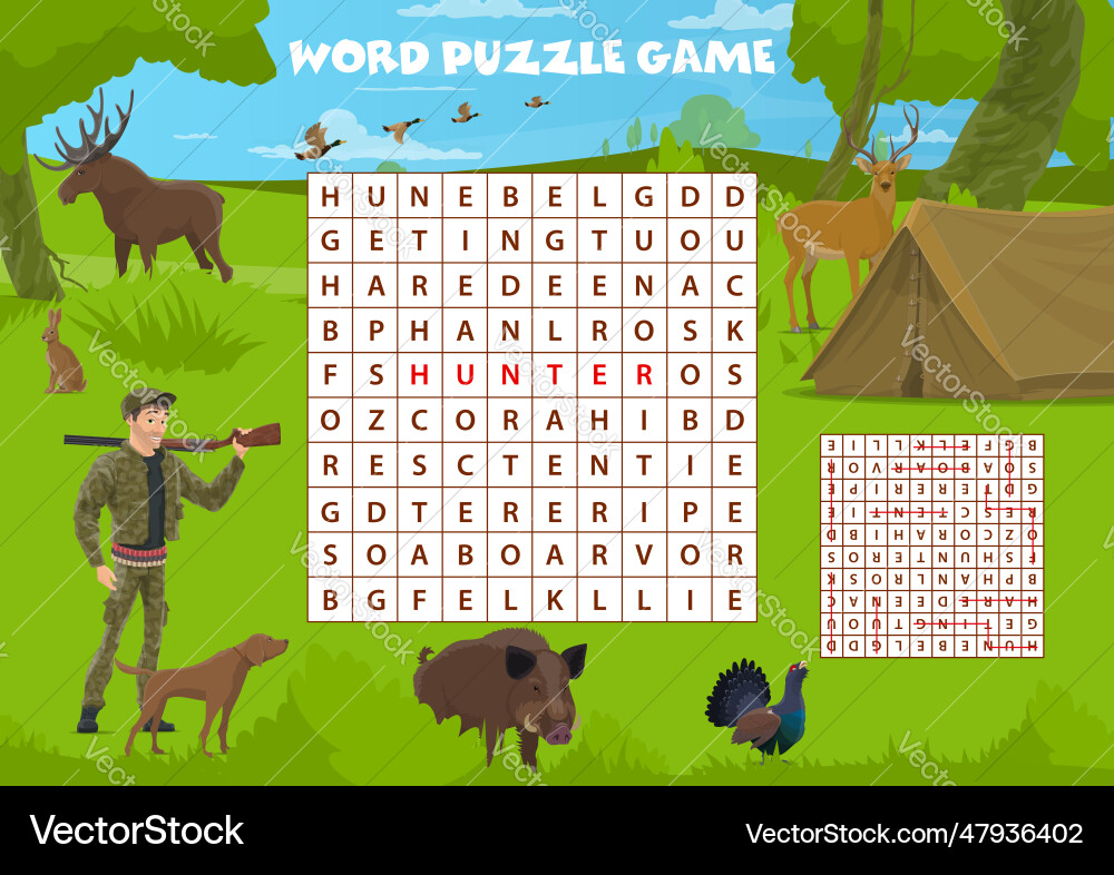 Word-Suche Puzzle Spiel Jagd Sport und Tiere Word-Suche Puzzle Spiel Jagd Sport und Tiere vektorbild