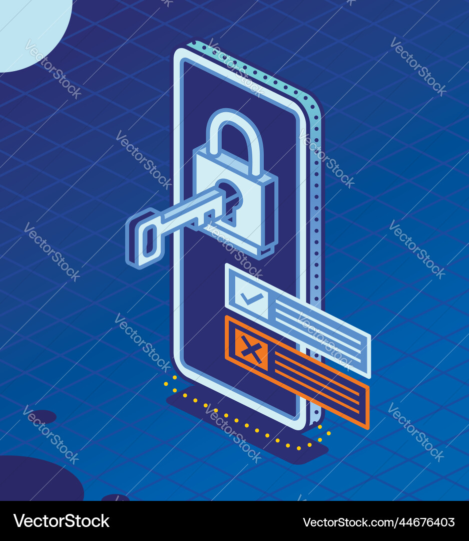 Isometric smartphone with key inserted in lock vector image