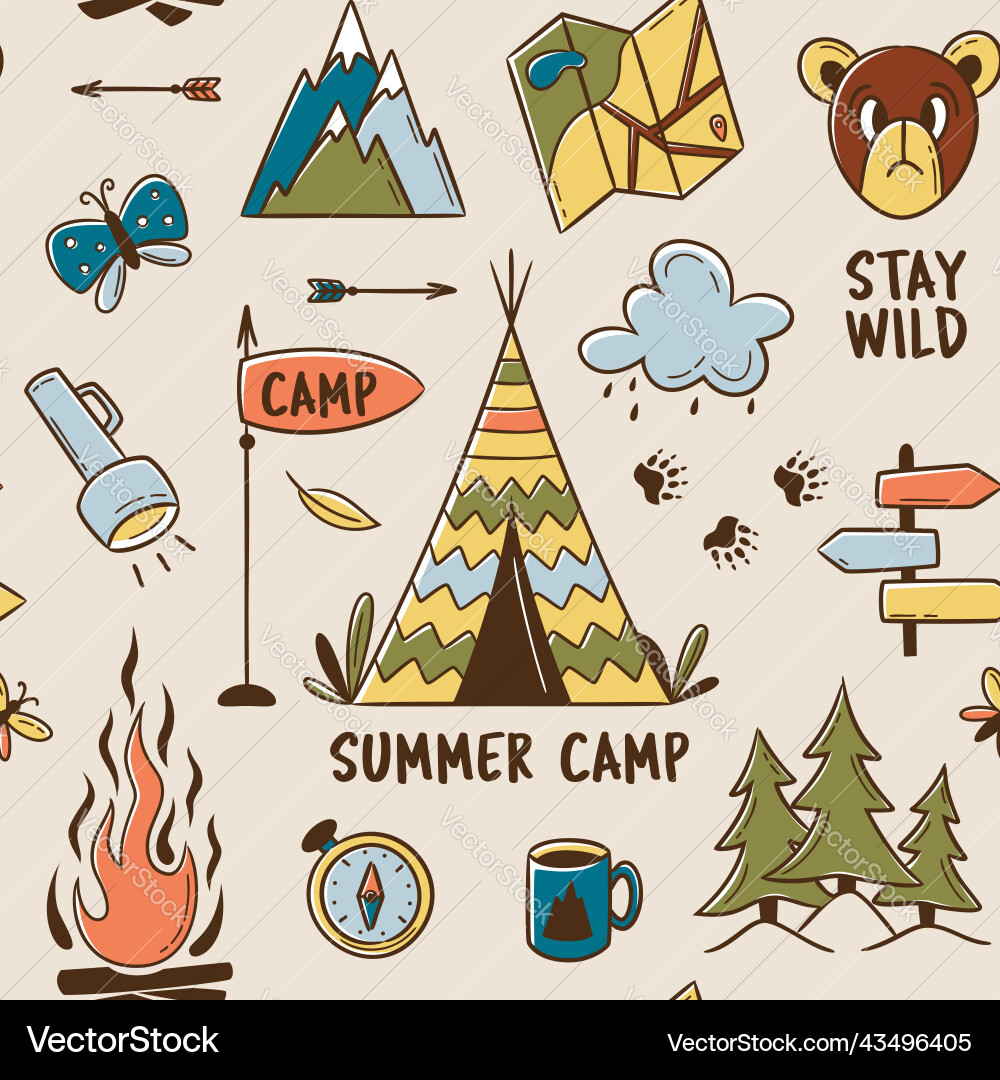 Seamless summer camp pattern travel and overnight Seamless summer camp pattern travel and overnight vector image
