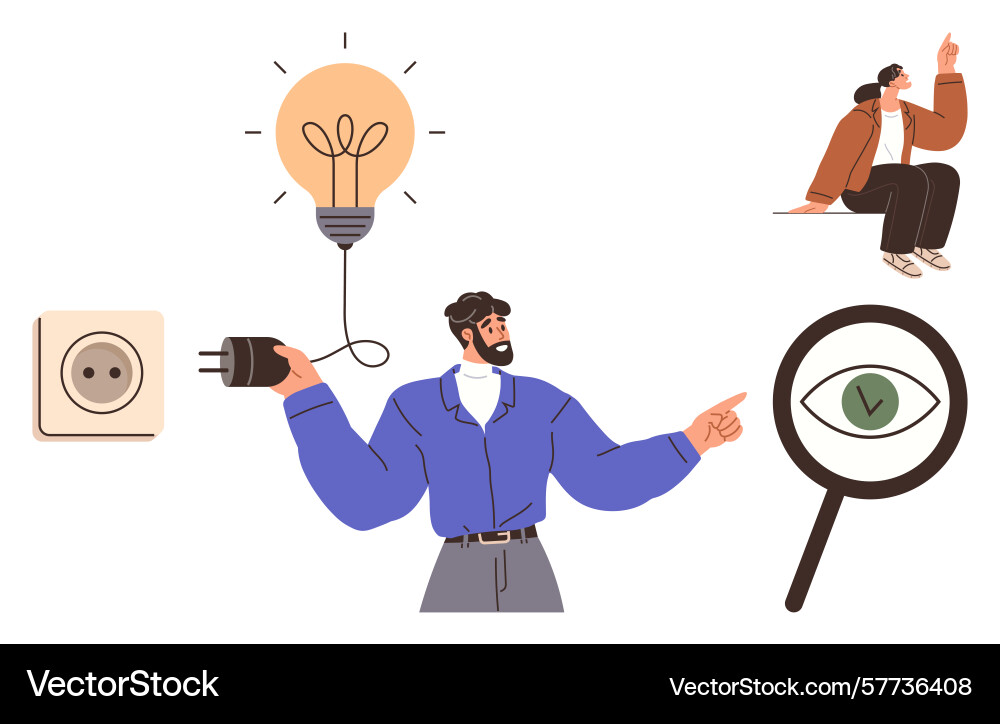 Man connecting plug to lightbulb with magnifying Man connecting plug to lightbulb with magnifying vector image