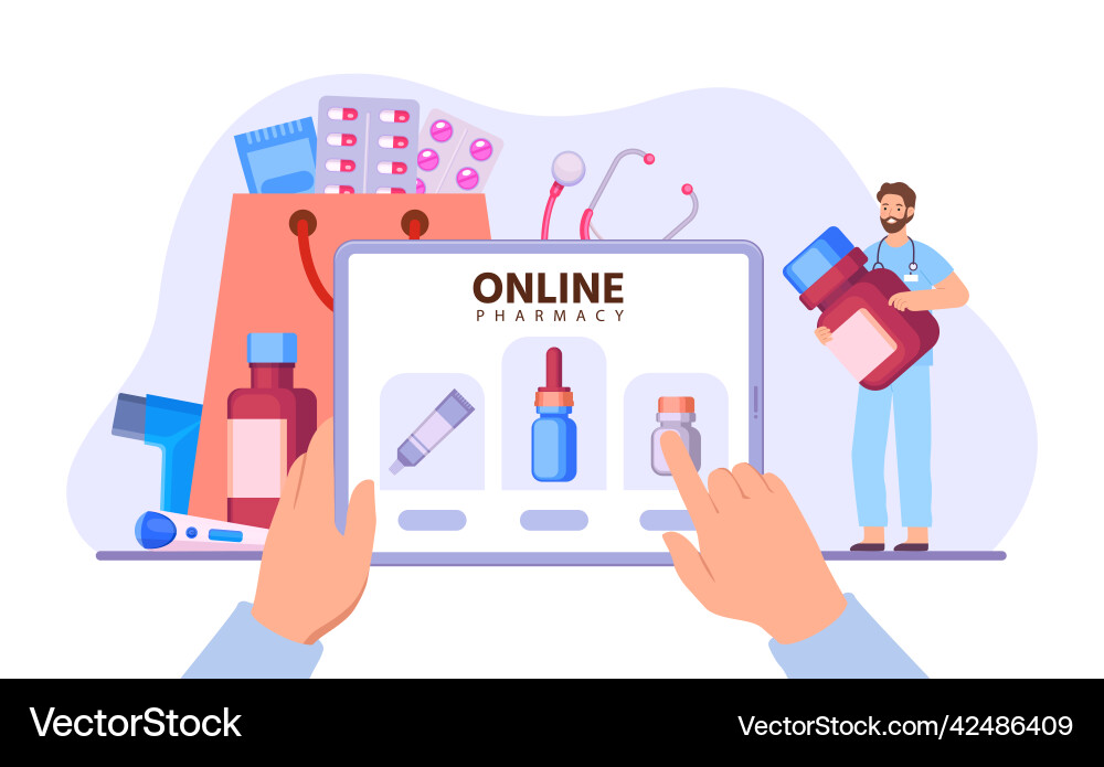 Flat online pharmacy store person holding tablet Flat online pharmacy store person holding tablet vector image