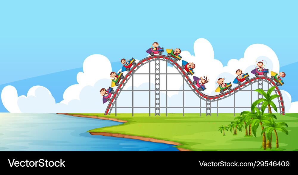 Scene with monkeys riding roller coaster Scene with monkeys riding roller coaster vector image