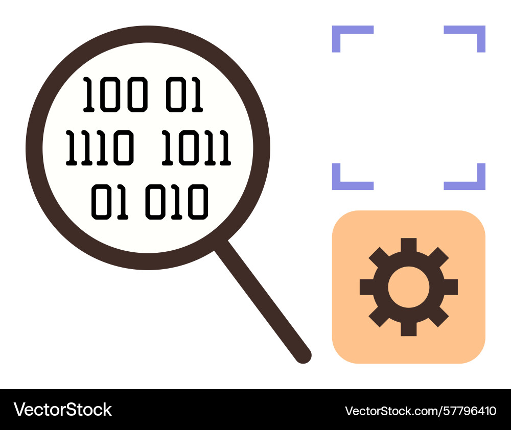 Magnifying glass analyzing binary code with gear vector image