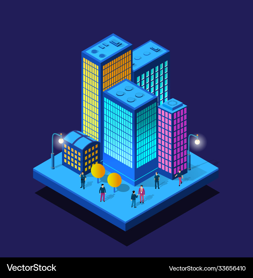 Smart city night neon ultraviolet walking people Smart city night neon ultraviolet walking people vector image