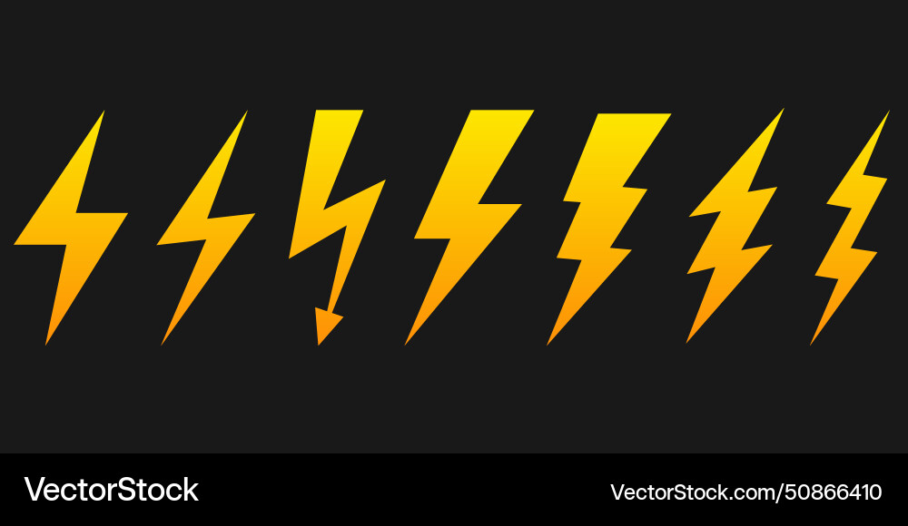 Yellow lightning bolt icon set Royalty Free Vector Image