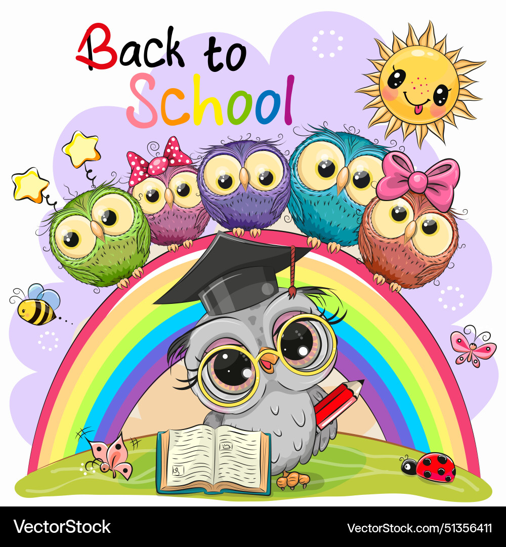 Cartoon owl with book and five cute owls Cartoon owl with book and five cute owls vector image