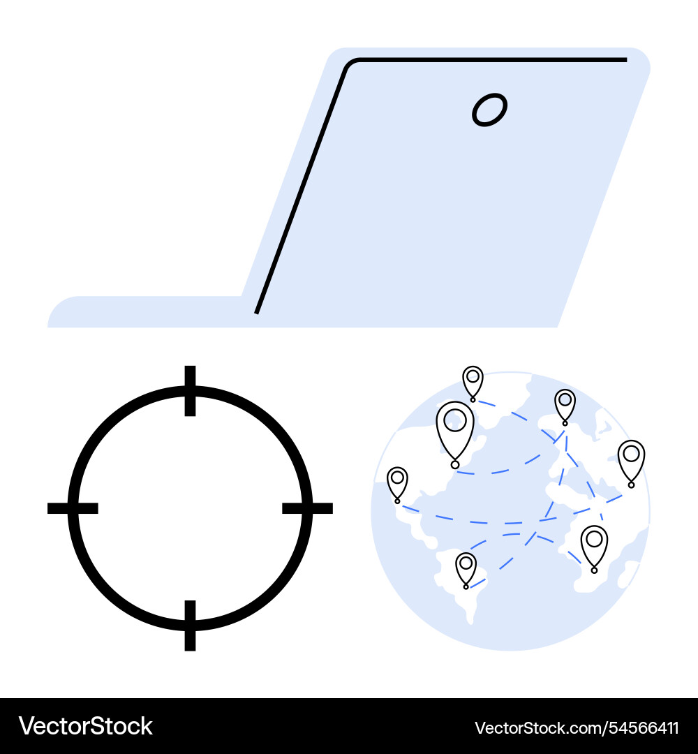 Laptop target and globe with location pointers Laptop target and globe with location pointers vector image