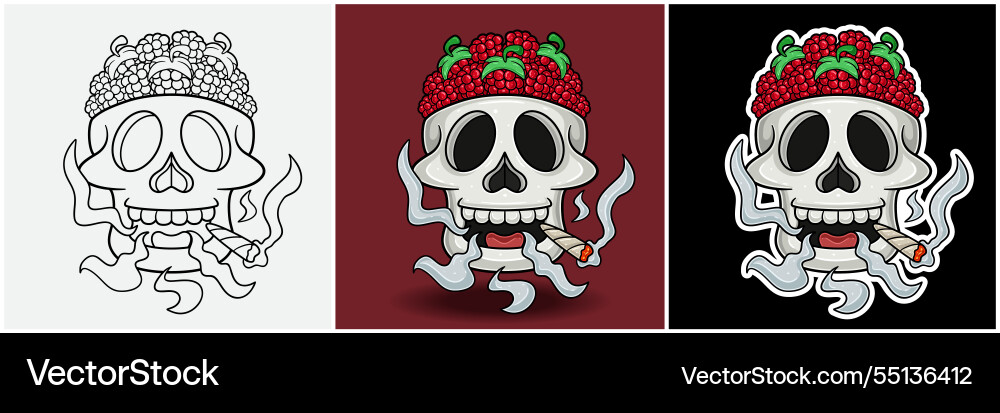 Raspberry fruit inside skull head with smoking Vector Image