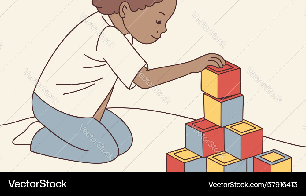 Child stacking colorful building blocks focused Vector Image