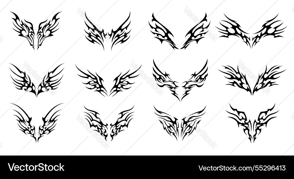 Tribal neo gothic wings tattoo y2k pattern set Tribal neo gothic wings tattoo y2k pattern set vector image