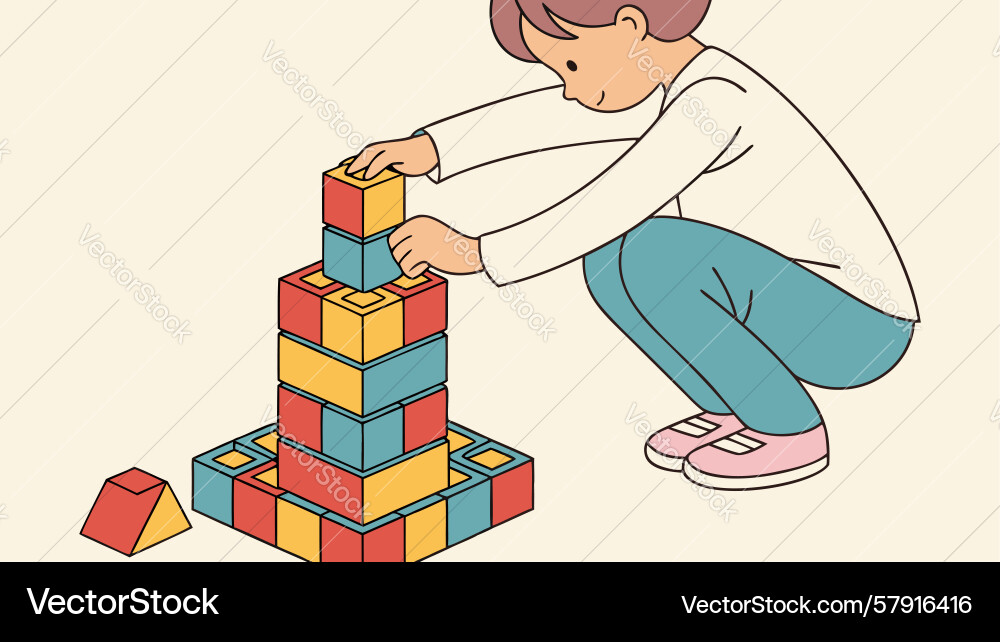 Child building small block tower learning basic vector image