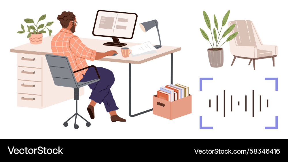 Man Working on Computer at Desk Vector Image