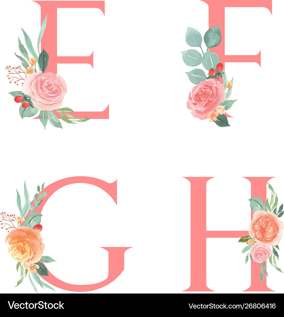 Pink alphabet florals setcollection peach Pink alphabet florals setcollection peach vector image
