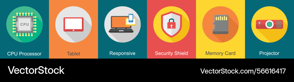 A set of 6 computer and hardware icons as cpu Vector Image