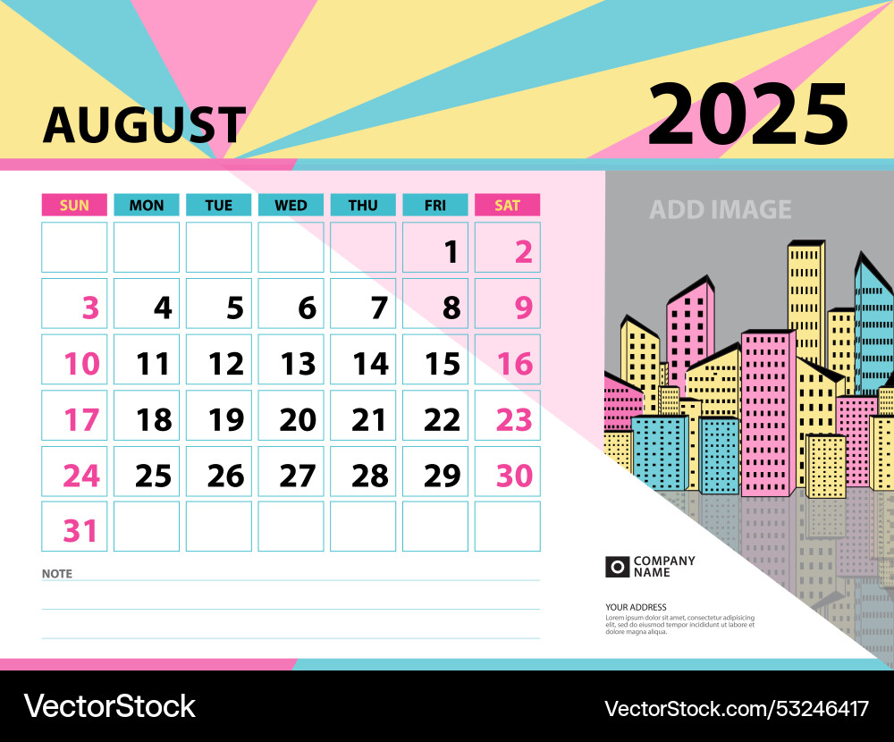 August 2025 template - calendar year design Vector Image