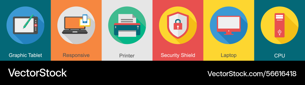 A set of 6 computer and hardware icons as graphic vector image