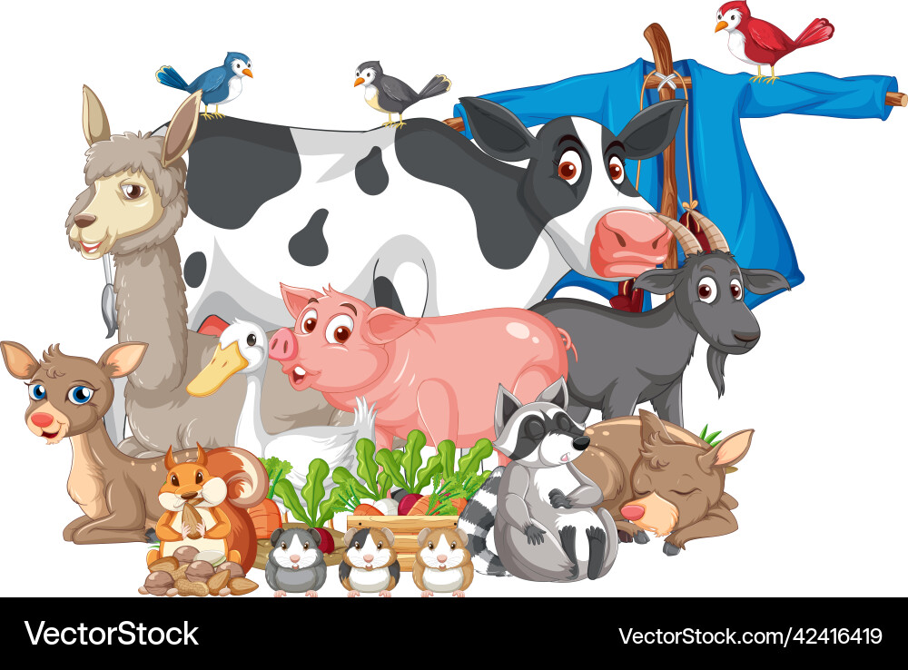 Group of farm animals sitting by the scarecrow vector image