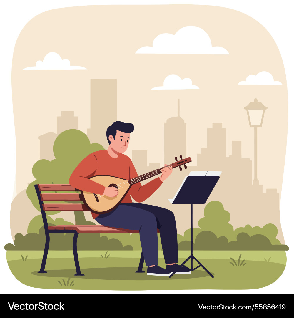 Man playing stringed instrument on park bench Vector Image