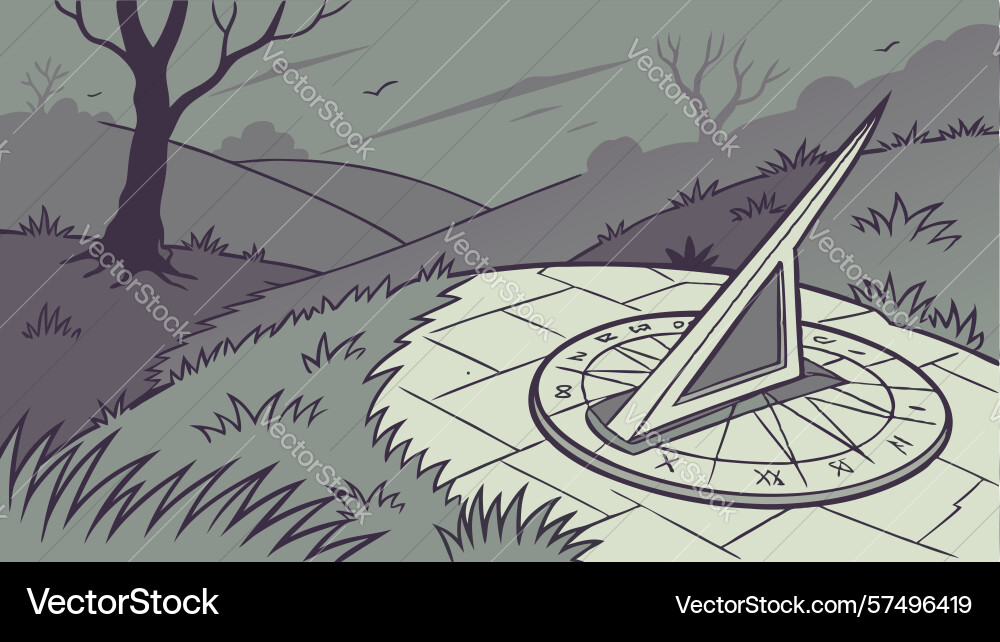 Sundial on path in dark mysterious forest design vector image