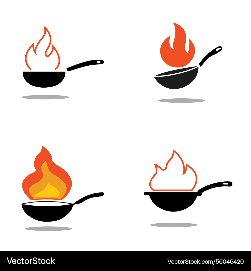 Frying pan with fire icon set - cooking flame Vector Image
