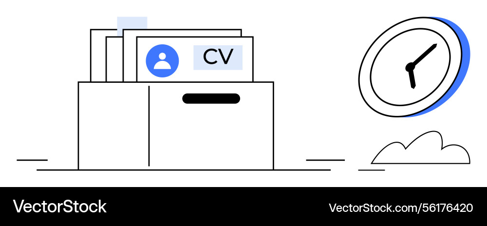 Organized resumes in a file box with clock Organized resumes in a file box with clock vector image