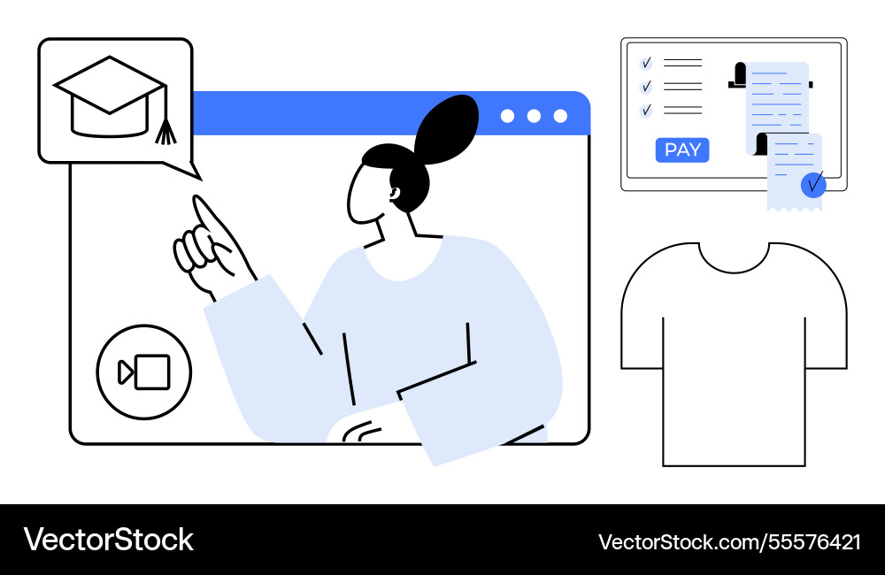 Online learning interface with instructor pointing Online learning interface with instructor pointing vector image