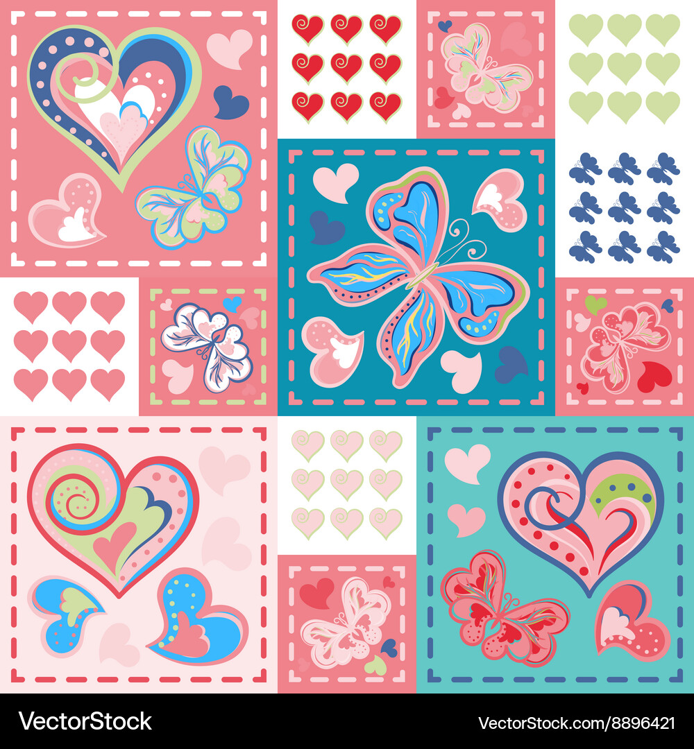 Patchwork colorful with hearts and butterfly Vector Image