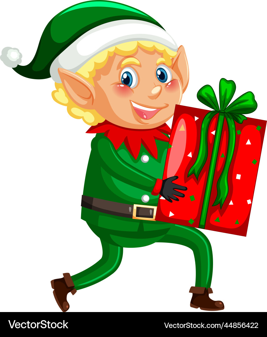 Little elf holding christmas gift vector image