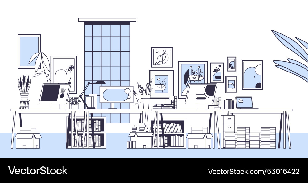 Office workspace with desks computers plants Vector Image