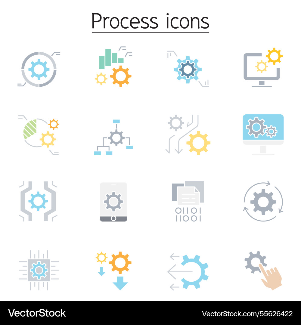 Processing icons set in flat color style Processing icons set in flat color style vector image