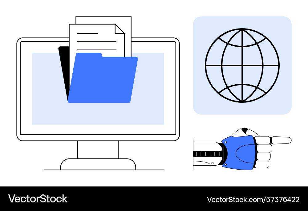 Robotic hand pointing at digital folder and globe Robotic hand pointing at digital folder and globe vector image