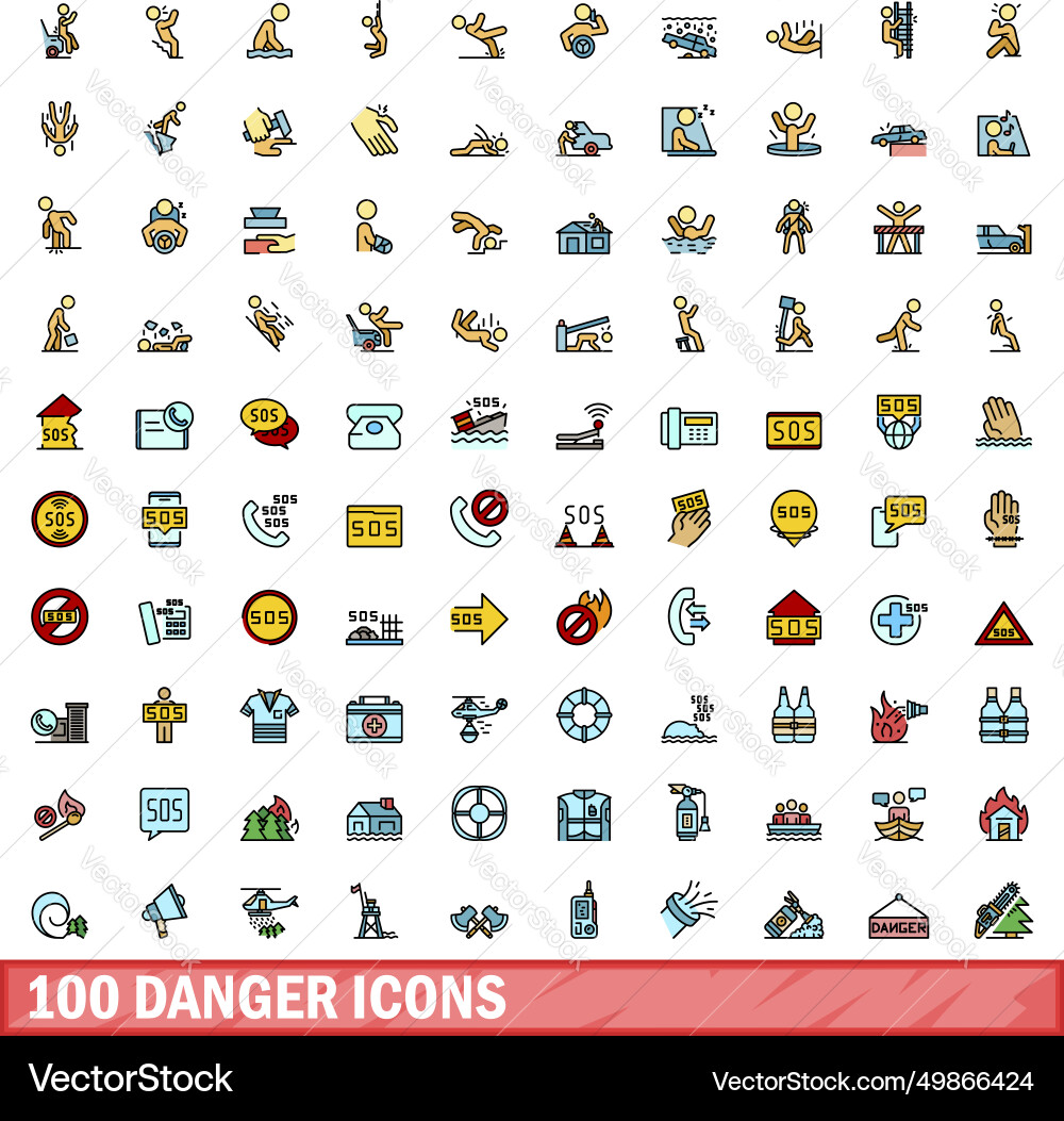 100 danger icons set color line style Vector Image