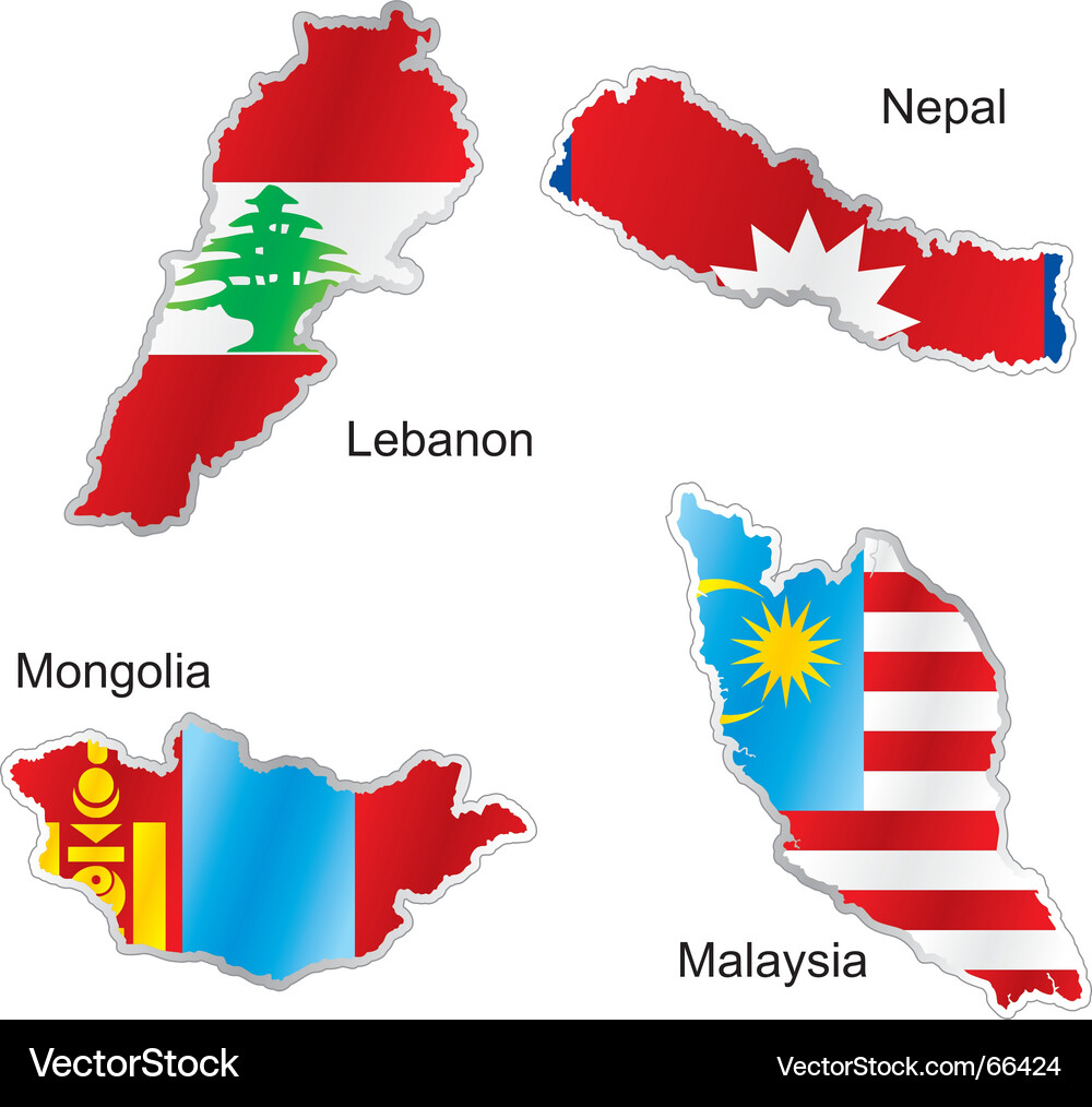 Asian Flags in Map Shape Vector Image