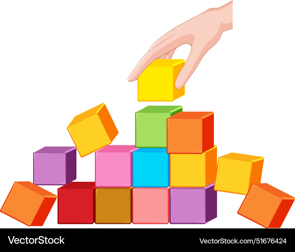 Hand stacking colorful blocks in a pyramid Hand stacking colorful blocks in a pyramid vector image