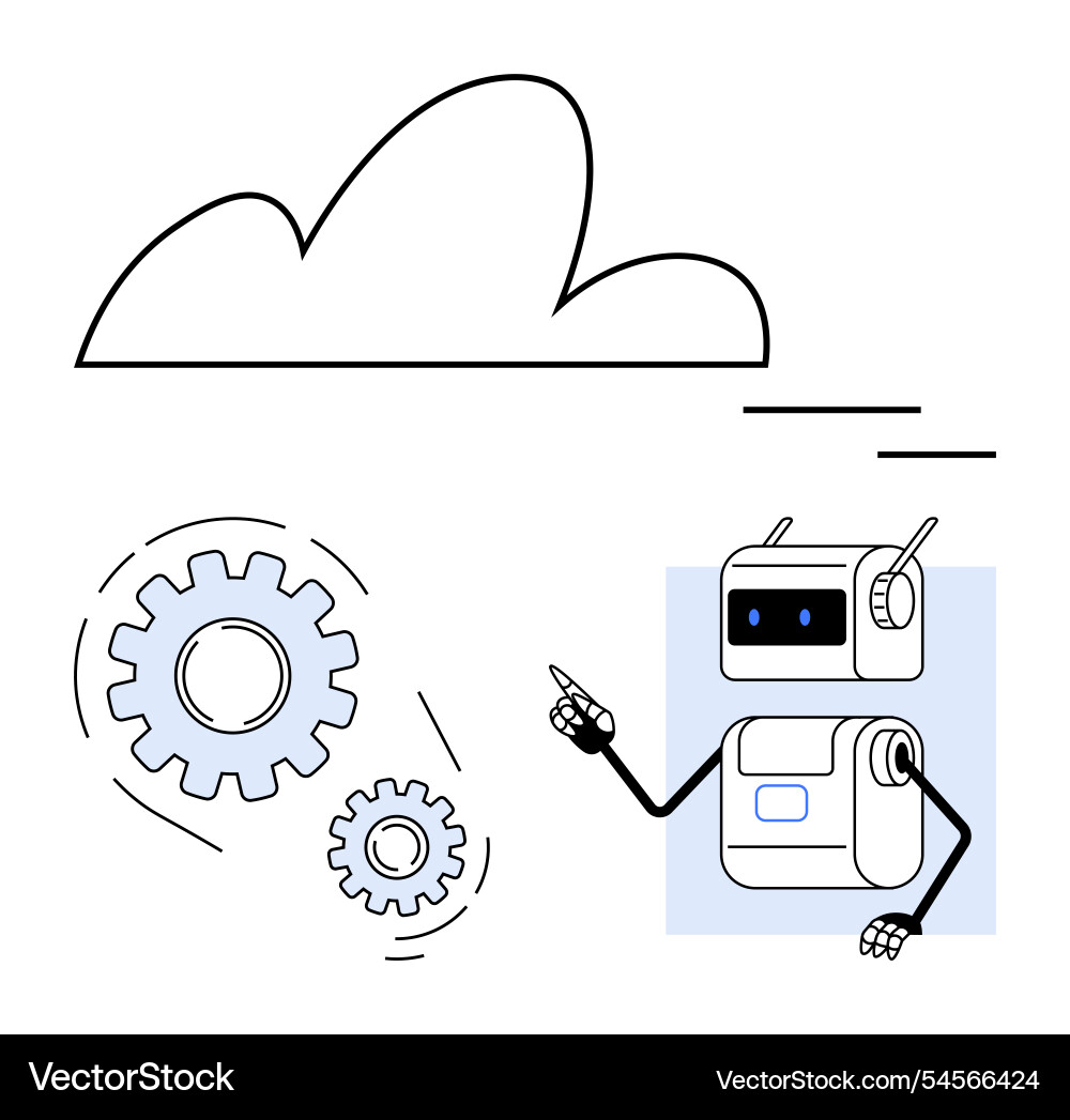 Robot demonstrating cloud computing with gears Robot demonstrating cloud computing with gears Vector Image