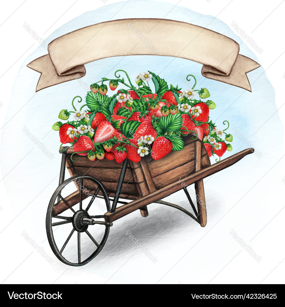 Aquarell Holz Schubkarre mit Erdbeeren Aquarell Holz Schubkarre mit Erdbeeren vektorbild