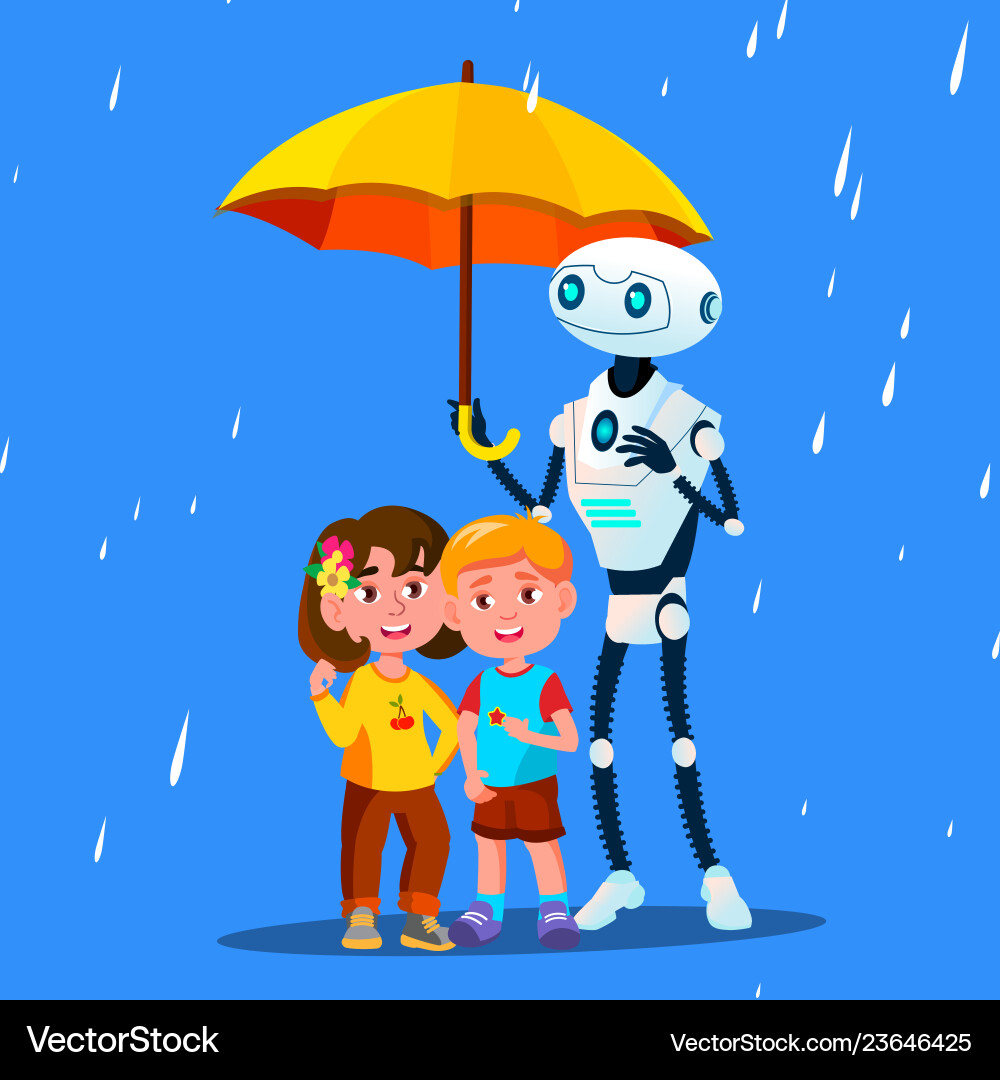 Robot Protecting Child in Rain Vector Image