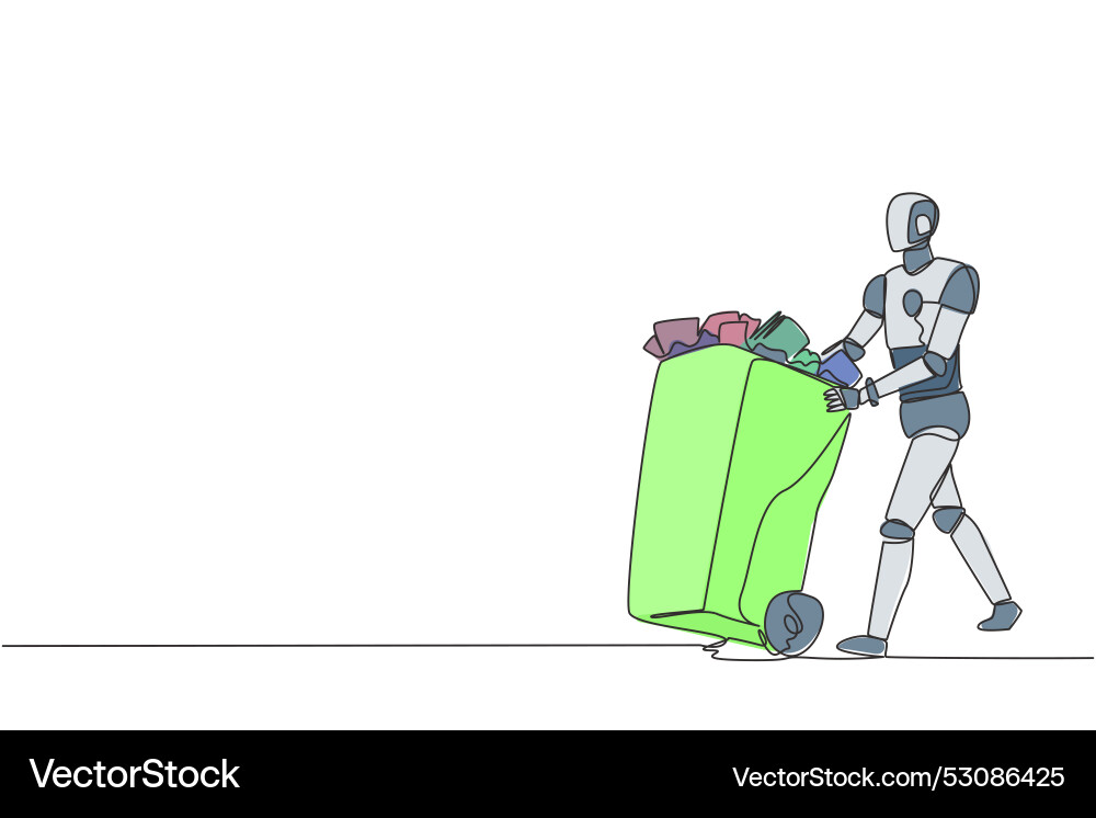 Single one line drawing robot pushing a trash can Single one line drawing robot pushing a trash can vector image