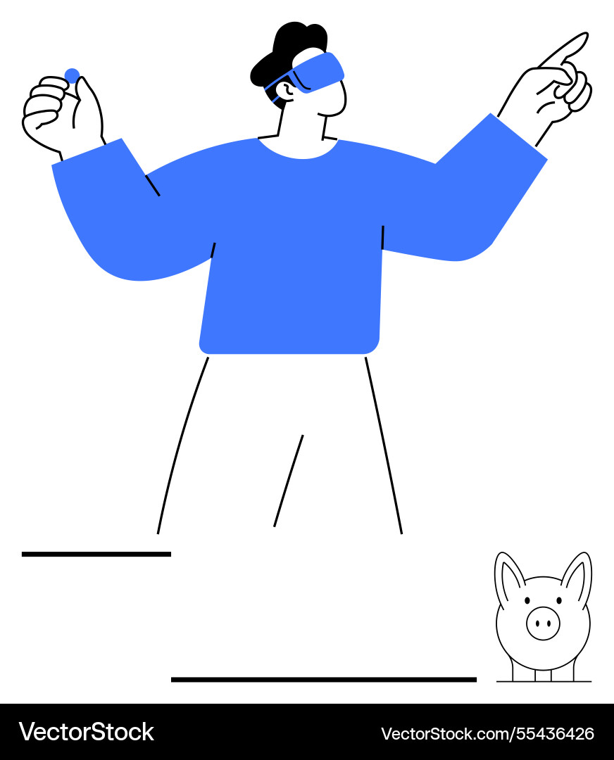 Man wearing vr headset pointing and exploring Vector Image