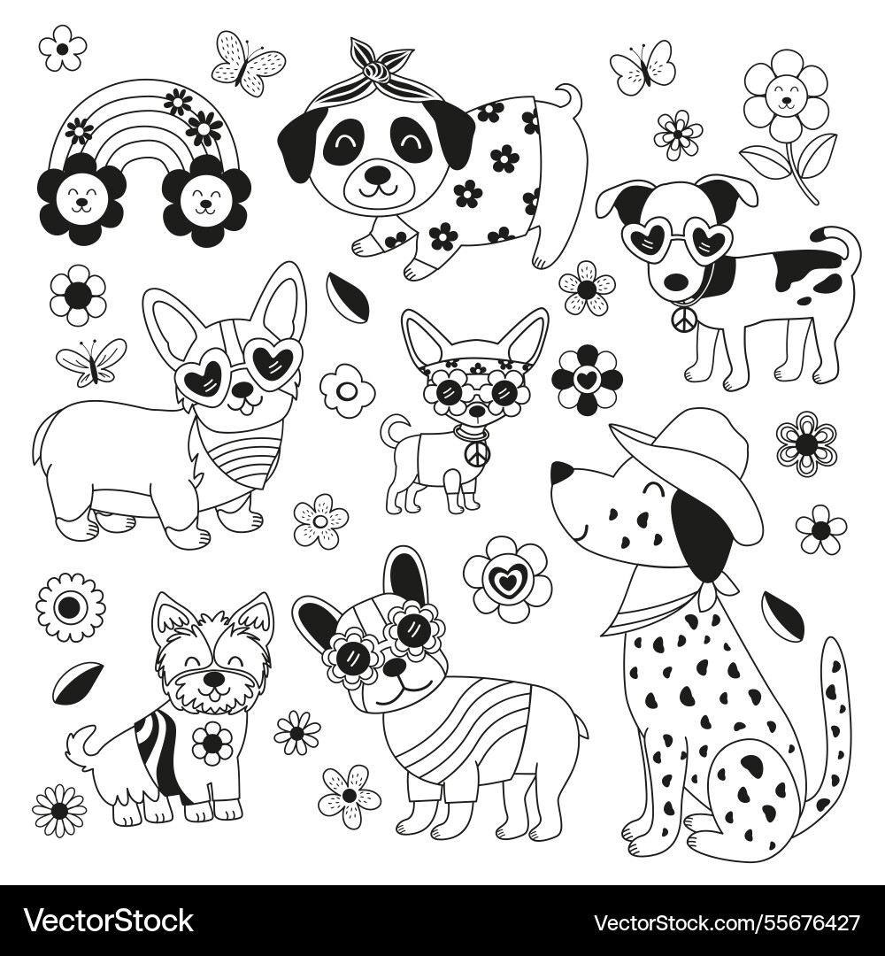 Set of isolated outline retro hippie dog Set of isolated outline retro hippie dog vector image