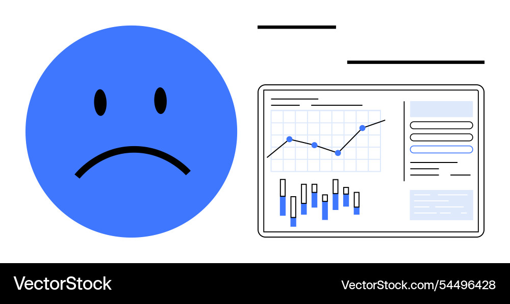 Blue sad face emotion with declining graph and bar Blue sad face emotion with declining graph and bar Vector Image