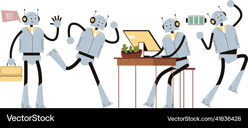 Office worker robot character in different scene vector image