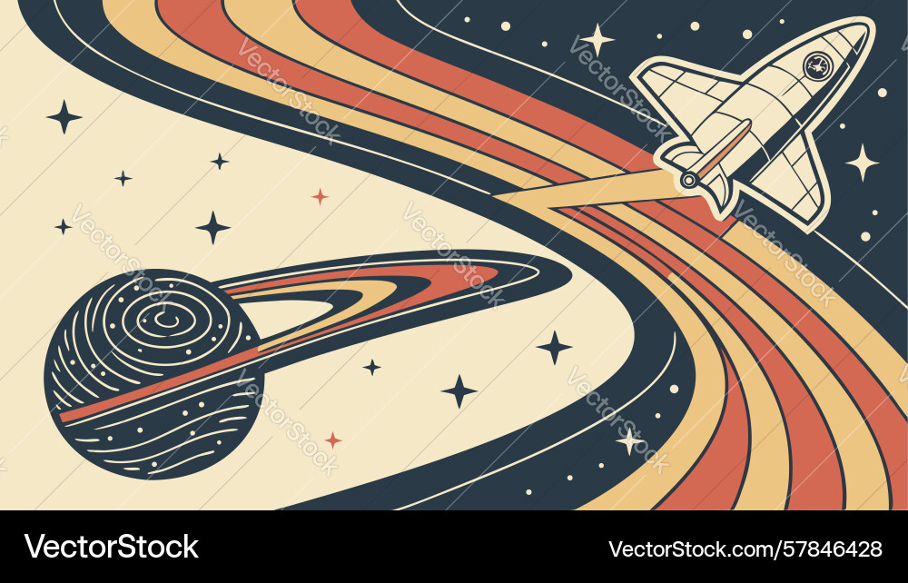 Retro spaceship orbiting planet in cosmic swirls Vector Image